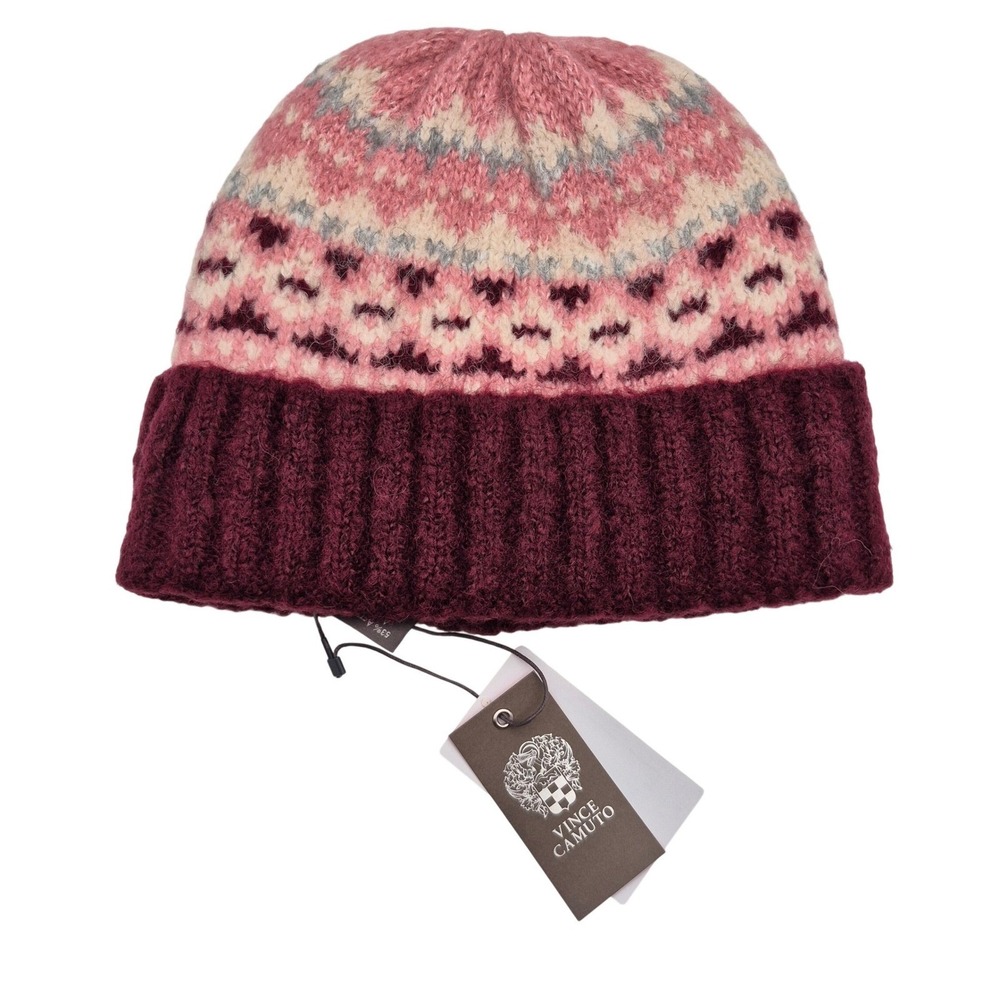 Vince Camuto Brushed Fair Isle Beanie Hat One Size Fits Most WINE Pink Unisex